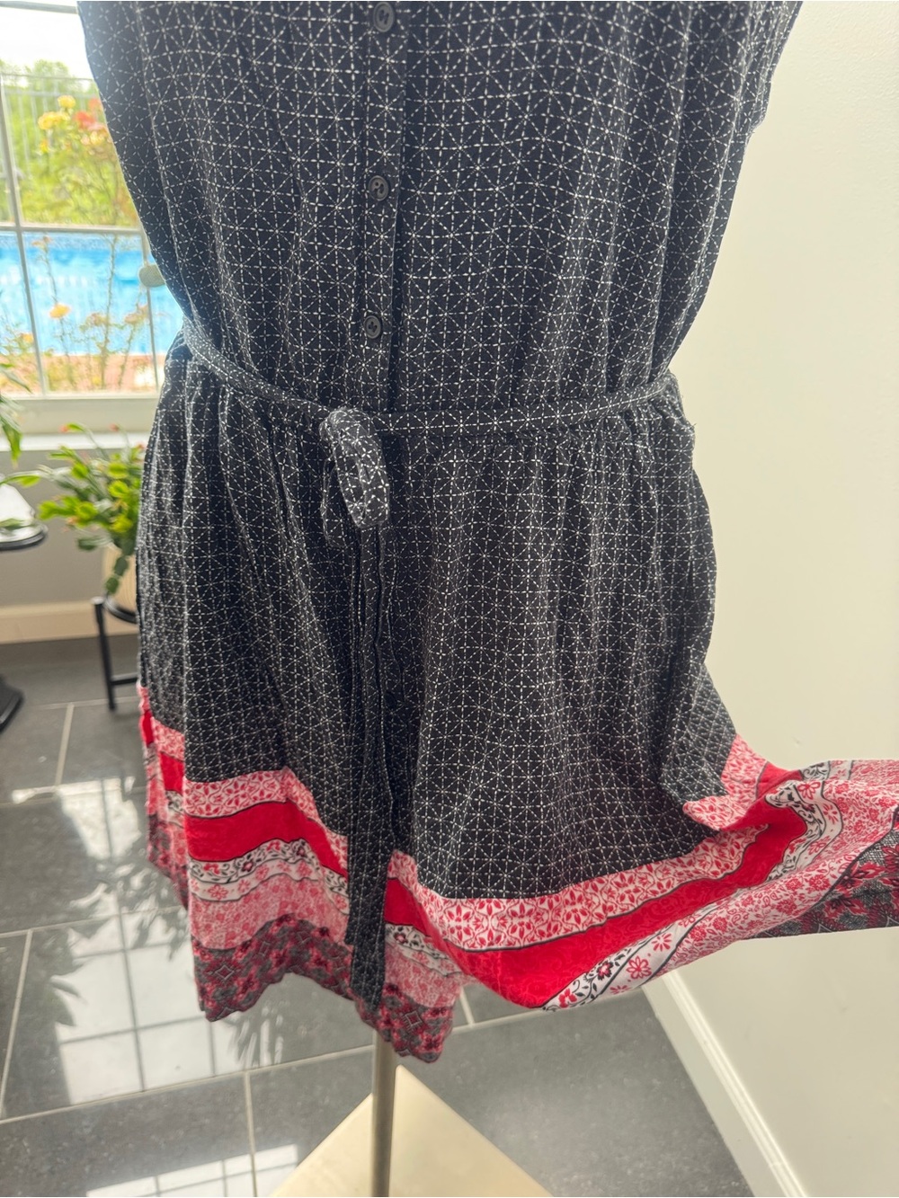 Torrid Sleeveless V-Neck Button Front Romper with Pink Border - Picture 5 of 8